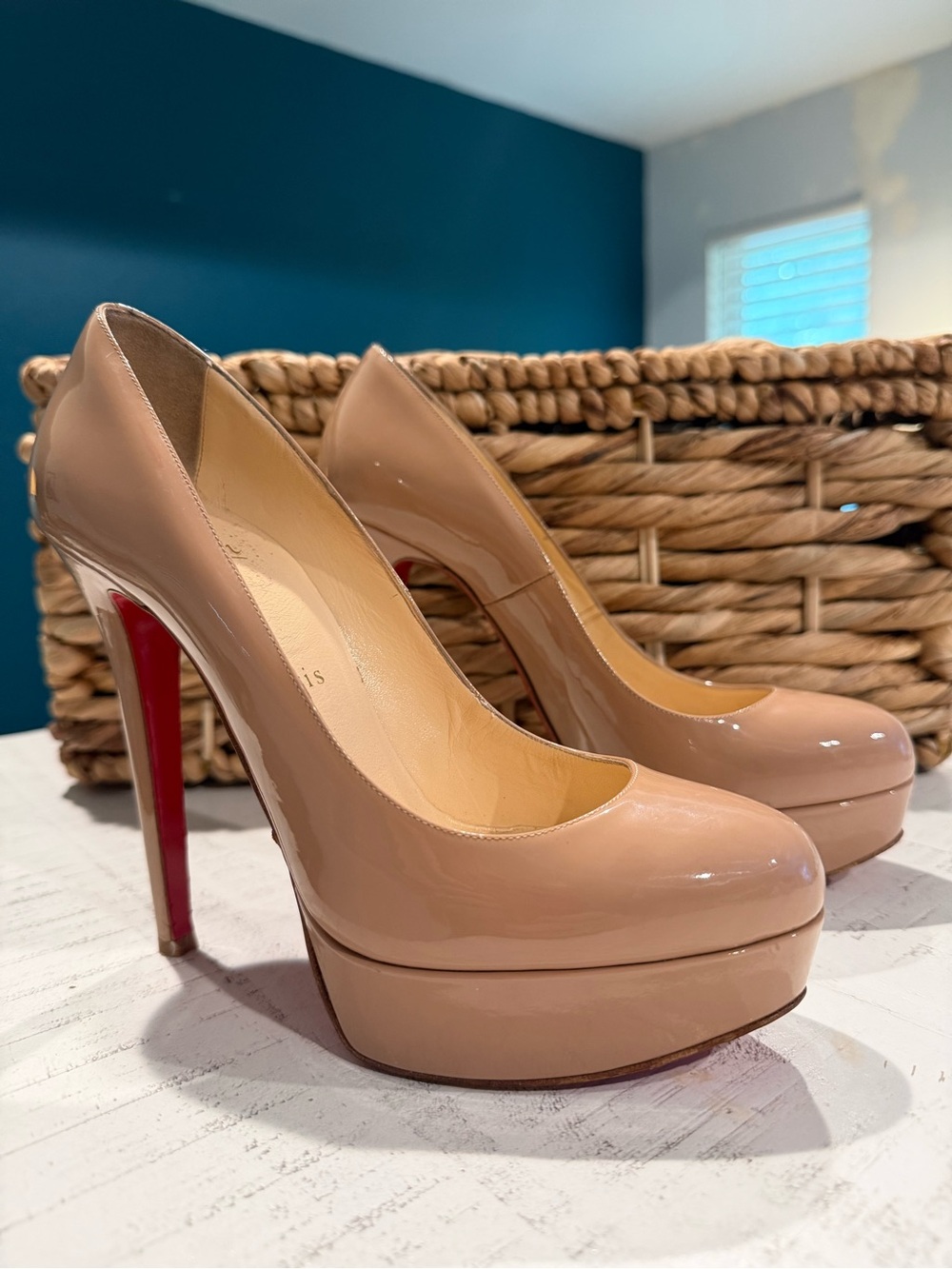 Christian Louboutin Nude Patent Leather Platform Pumps Heels Size 36.5